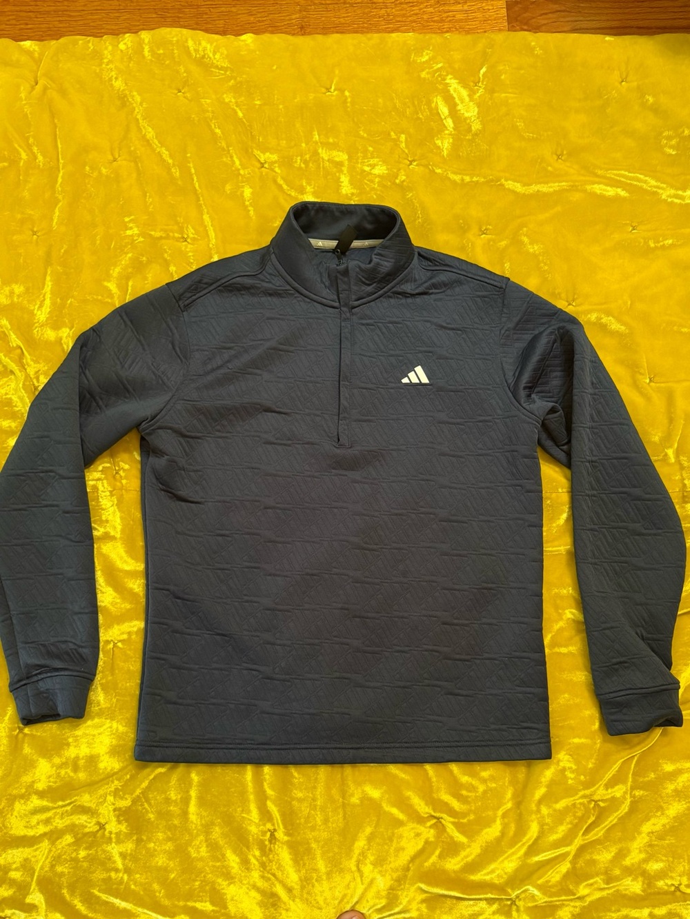 Adidas- Navy blue. 3/4 zip quilted logo sweatshirt. SMALL